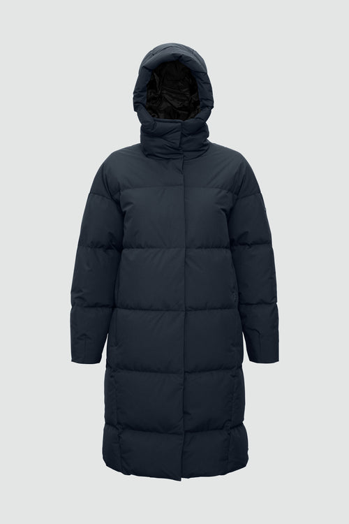 Black puffer coat with a hood on a light gray background