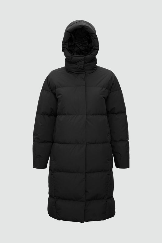 Black puffer coat with a hood on a light gray background